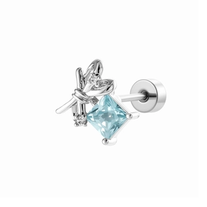 Minimalist silver bow knot earrings with blue princess cut zircon and crystal studs