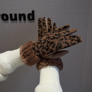 Elegantes guantes con estampado de leopardo para mujer con puños de piel sintética de invierno