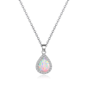 Teardrop opal pendant necklace with sparkling cubic zirconia in high quality silver finish