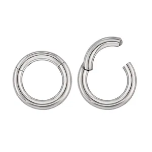 Polished 316L stainless steel seamless hinged nose ring hoops in open and closed views