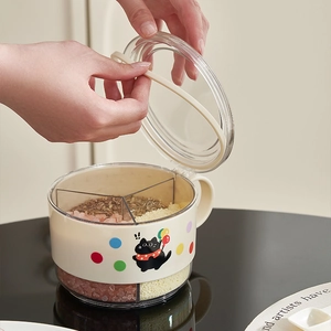 3-compartment moisture-proof spice box in beige with cat pattern and easy-grip handle
