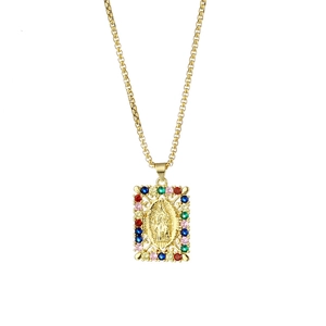 Gold 18K plated stainless steel Virgin Mary square pendant necklace with colorful zircons
