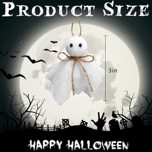 Set of 16 white 3-inch Halloween ghost ornaments with burlap bow and hanging rope
