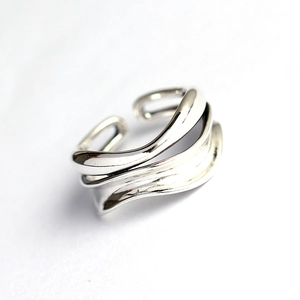 Modern S925 sterling silver double-layered wave open ring with a textured finish