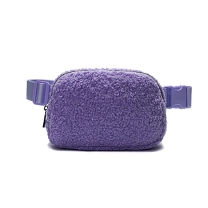 Purple sherpa fleece belt bag for outdoor sports with adjustable strap and plastic buckle