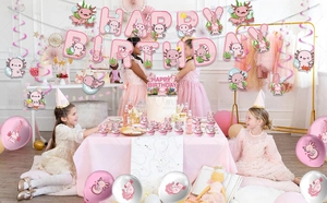 Cute pink Axolotl themed birthday party set with banners, balloons, and cake toppers