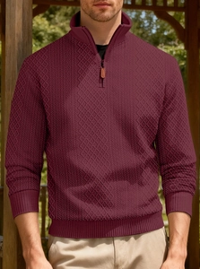 Detail of burgundy textured knit sweater with stand collar and half-zipper closure