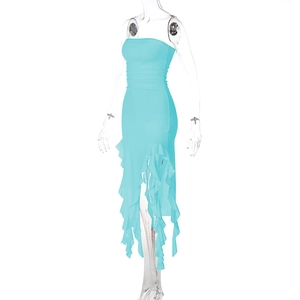 Detail of light blue bodycon dress featuring irregular ruffled hem and side pleats