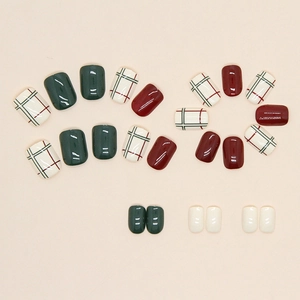 Short square press-on nails with vintage wine red, dark green, and plaid patterns