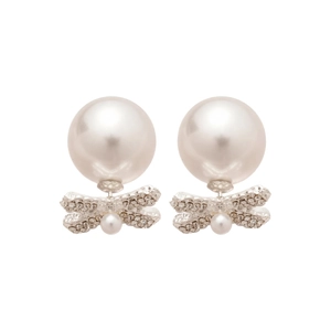 Elegant silver bow and pearl earrings with sparkling rhinestones for women