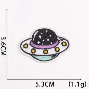 Embroidered UFO space patch 5.3x3.6cm with stars and yellow dots for iron-on application