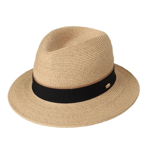 Men's natural raffia straw fedora hat with black grosgrain ribbon and gold logo plaque