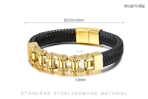 Macro detail of men's black leather braid and golden stainless steel gear link bracelet