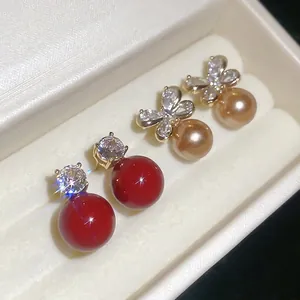 French Retro Butterfly Bowknot Faux Artificial Pearl Stud Earrings With 925 Sterling Silver Earring Post Zircon For Women