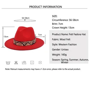 Chapeau fedora rouge en laine avec ceinture en cuir serpent et guide des tailles