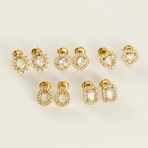 Zircon Stud Earrings 18K Gold Plated Stainless Steel Double Layer Halo Heart Round Square Drop Jewelry For Women