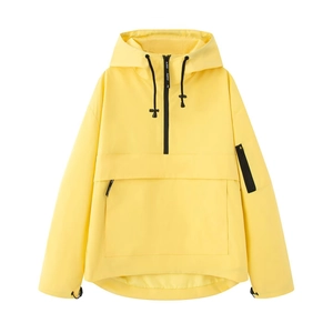 Women's yellow hooded anorak jacket with black zipper and front pockets on white background