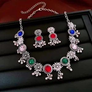 Vintage Ethnic Bohemian Flower Necklace And Earrings Jewelry Alloy Multicolored Rhinestone With Silver Earring Post