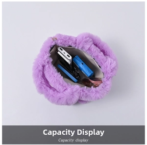 Top view of purple faux fur tote bag showing spacious interior with daily essentials