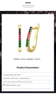 U-shaped S925 silver earrings with colorful zircons measuring 16mm in height