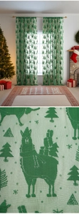 Macro detail of Christmas lace curtain showing alpaca and pine tree knit patterns