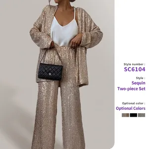 Sequin Blazer And High Waist Wide Leg Pants Glitter Elegant Party Evening Commuter Glamorous Spring Outfit For Women