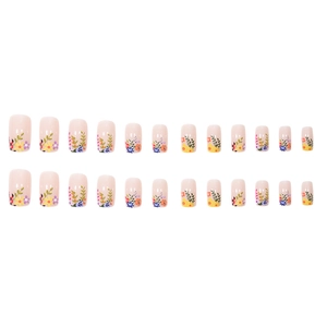 Floral press-on nails set with digital print colorful flower patterns on nude pink base
