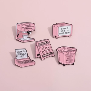 Set of five pink enamel lapel pins with inspirational and funny quotes on pink background