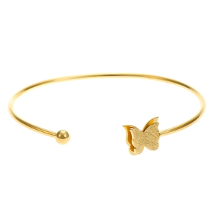 Minimalist gold butterfly open bangle with matte frosted texture and polished beads
