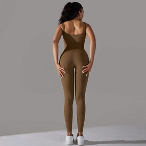 Detail of coffee brown ribbed seamless yoga bodysuit showing racerback and knit texture