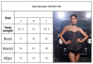 Size chart for black sequin feather mini dress with detailed S-L body measurements