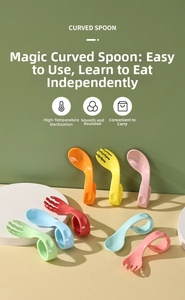 Close-up of curved baby training spoon set with ergonomic handles in various bright colors