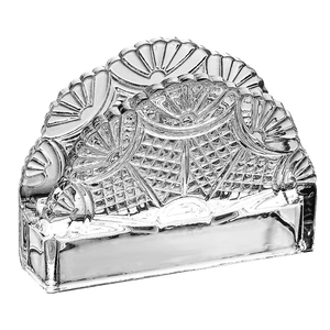 Modern semi-circular crystal glass napkin holder with elegant embossed fan pattern