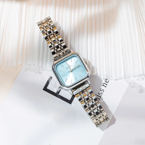 Elegant square silver steel strap watch with light blue sunray dial for women