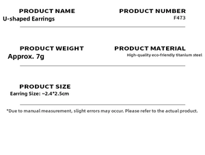 Detailed specifications for U-shaped earrings in titanium steel showing size and weight