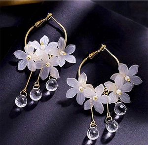 Elegant gold flower drop earrings with pearls and crystal pendants for women