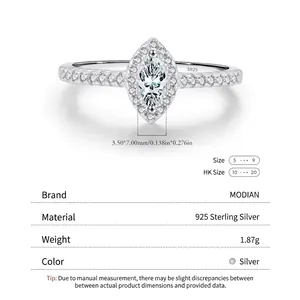 Double-layered S925 sterling silver ring with marquise-cut zircon and pavé diamonds