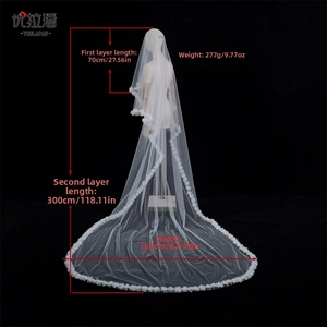 Two-tier wedding bridal veil with 3D floral lace appliques 70cm and 300cm long