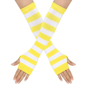 Detail of yellow and white striped knitted fingerless arm sleeves shown in cross-arm pose