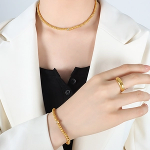 Gold plated titanium steel beaded jewelry set with zircon necklace, bracelet and ring