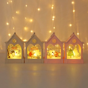 Set of four Christmas lanterns with LED lights and holiday illustrations for home decor