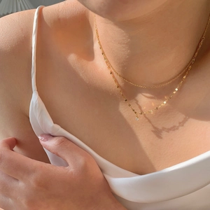 French luxury gold titanium steel double layer necklace with single sparkling diamond charm