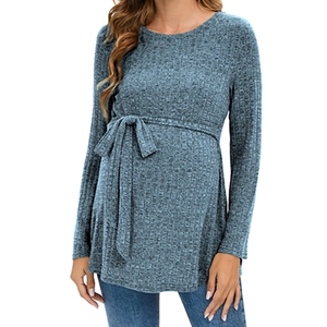 Blue ribbed knit long sleeve maternity sweater with waist tie belt for slim fit