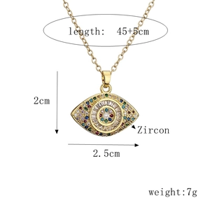 Detail view of gold evil eye heart pendant with zircon inlay and product dimensions
