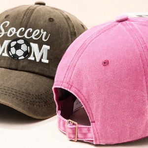 Detailed view of washed cotton fabric and Soccer MOM embroidery on baseball cap