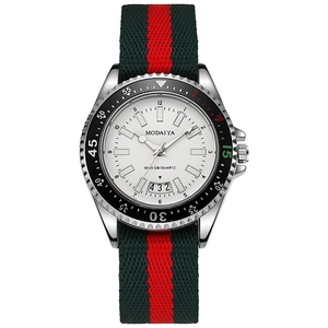 Men's quartz sport watch with white dial, nylon NATO strap and date display on white background