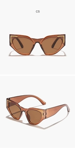 Detailed views of amber cat eye sunglasses with gold L-shape accents and side profile