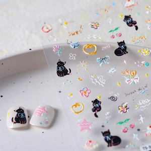 3D cartoon cat embossed nail art stickers with sweet bow tie kittens and flower designs