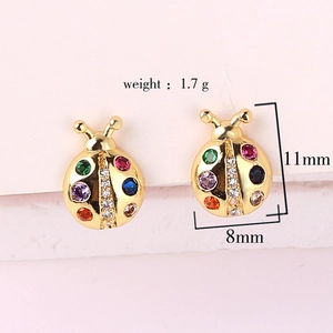 Gold plated ladybug stud earrings with colorful cubic zirconia stones and dimensions