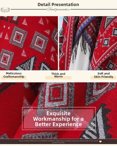 Détail du tissu jacquard rouge ethnique épais avec motifs géométriques et des franges